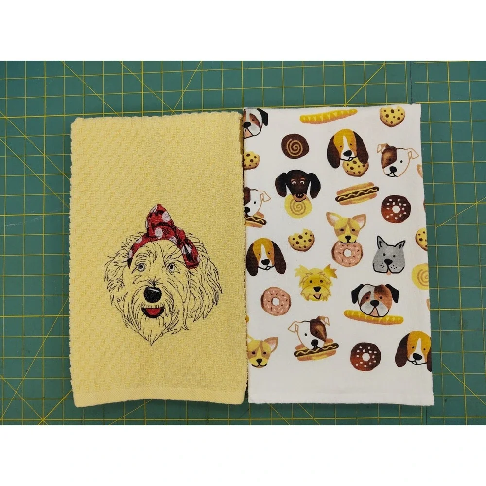 LABRADOODLE Dog With Headband Kitchen Bath Hand Bar Towel Set of 2
